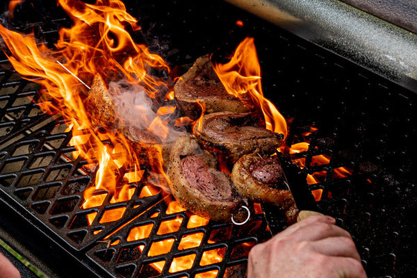 Certified ONYA® beef picanha skewered over an open flame for searing. This high quality beef is one of the best steaks for sale online and is as tender as Wagyu beef picanha